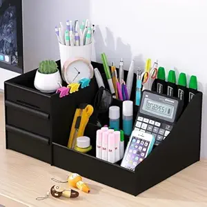 Shuttle Art ABS Plastic Desk Organiser with Drawer,Multifunctional Desk Organizer,Customized Desk Organizer with Pencil Holders,Sticky Note,Paperclip StorageIOffice Table Stand for Home/Office(Black)
