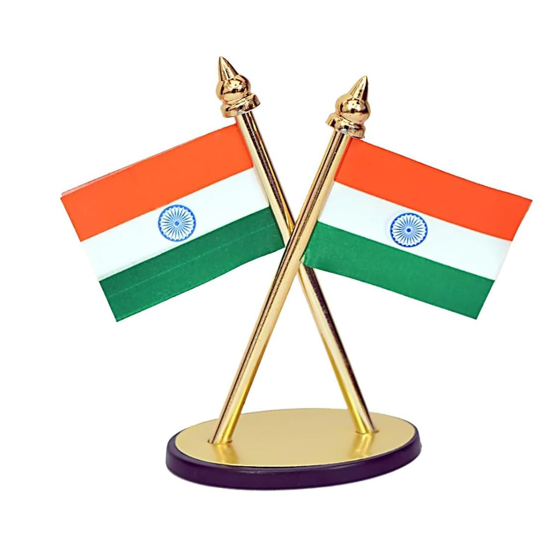 Indian National Flag Decorative Stand for Car Dashboard and Table, Crossed Design, Gold Base