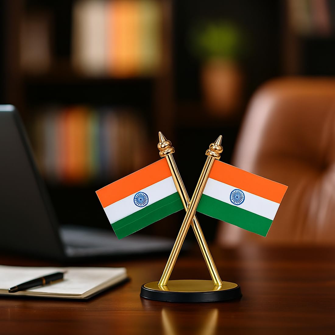 Indian National Flag Decorative Stand for Car Dashboard and Table, Crossed Design, Gold Base - Image 2