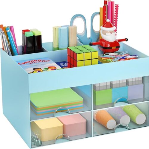 lastic Multi-Functional Desk Organizer With 4 Compartments & 4 Drawer Desktop Office Supplies Stationery Storage Box Cosmetic Organizer For Pens Staplers Clips Sticky Notes