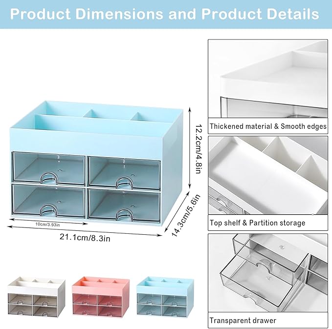 lastic Multi-Functional Desk Organizer With 4 Compartments & 4 Drawer Desktop Office Supplies Stationery Storage Box Cosmetic Organizer For Pens Staplers Clips Sticky Notes - Image 2