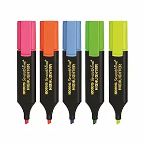 Kores Smoothline + Highlighter | Assorted Colour | Set of 5 Vibrant Colour (Yellow, Pink, Blue, Green & Orange) | Ideal Use : O