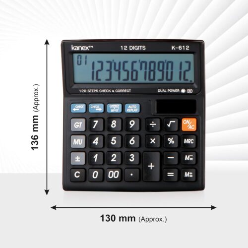 Kanex K-612 Electronic Financial Calculator, 12 Digits Display, 120 Steps Check & Correct, Dual Power, Extra Large Display., Black