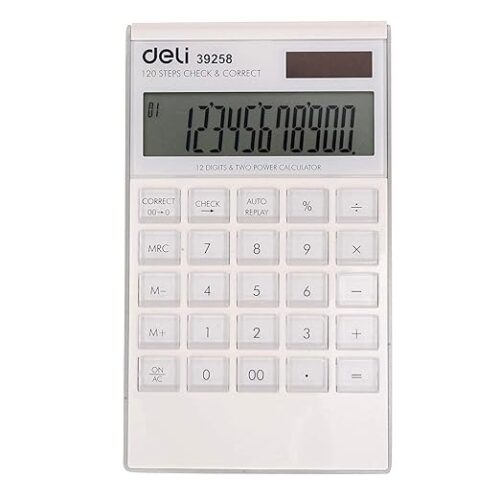 Deli W39258 12 Digit Big Size Financial Calculator with 120 Steps Check and Auto Correct Option | White