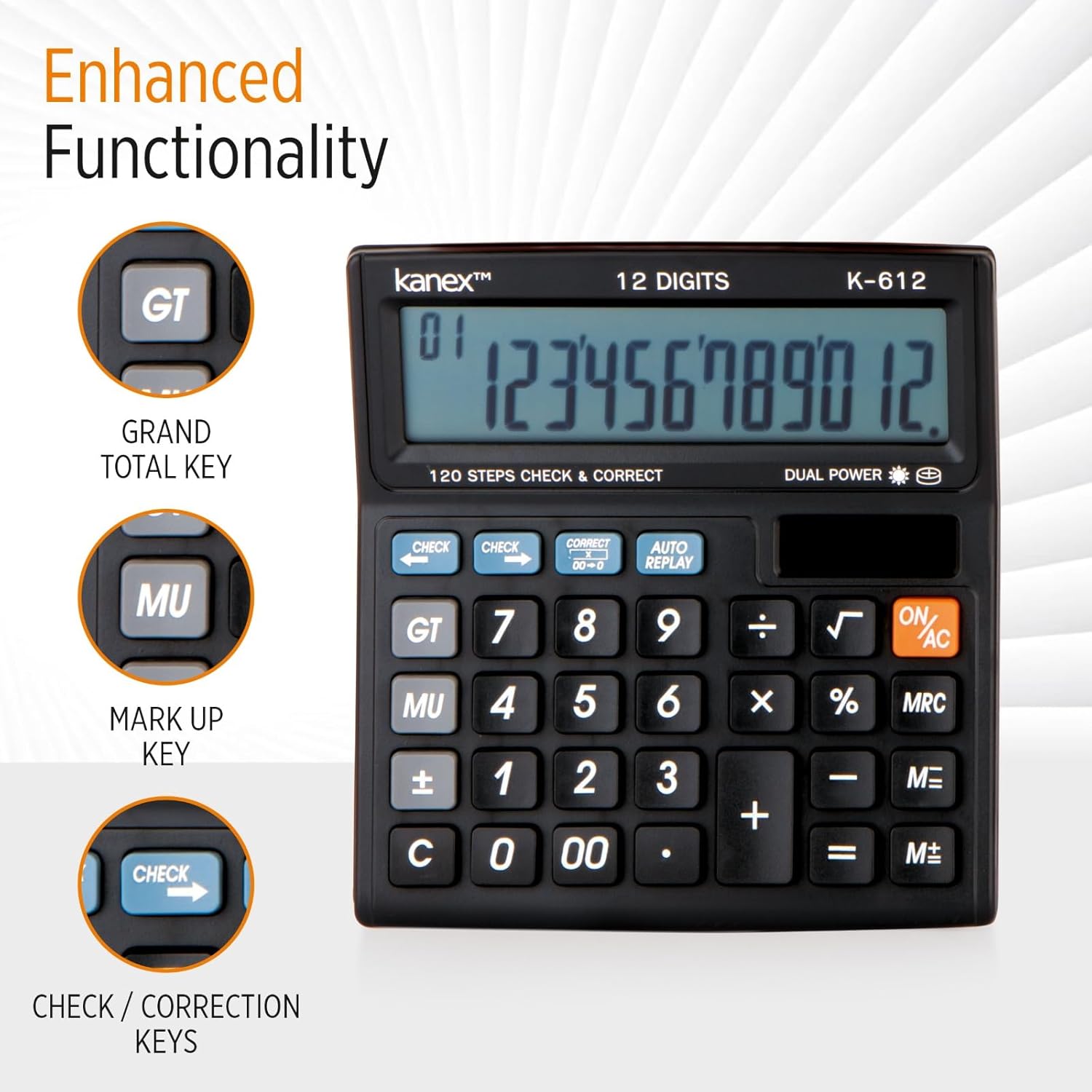 Kanex K-612 Electronic Financial Calculator, 12 Digits Display, 120 Steps Check & Correct, Dual Power, Extra Large Display., Black - Image 3